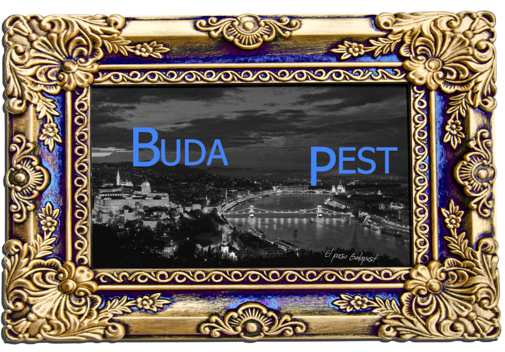 Budapest, se divide en tres partes principales. En la fotografía se puede observar a Buda del lado izquierdo (oeste) y Pest en el lado derecho (oriente). La fotografía apunta en dirección al norte. En la fotografía se puede apreciar el castillo de Buda o palacio real en la colina del distrito del castillo. También se puede observar el puente de cadenas sobre el rio del Danubio. Budapest viendo al norte, del lado izquierdo con el palacio real, la parte de Buda y del otro lado del rio Danubio está Pest